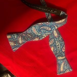 Neiman Marcus blue pink white paisley silk bow tie